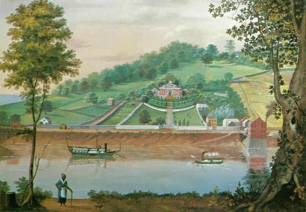 Ohio River Landscape - The Steamboat Washington, an oil painting depicting the Charles H. Kilgour House and Front Street along the Ohio River circa 1820