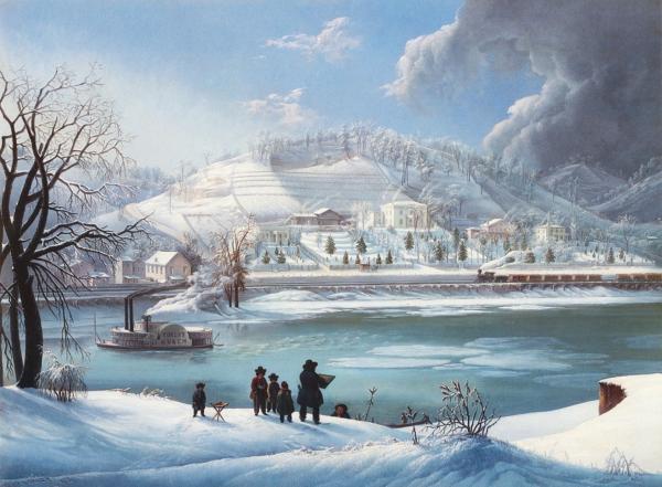 The Forest Queen in Winter, a painting by Martin Andreas Reisner, depicts Mt. Adams and the Little Miami Railroad along the bank of the Ohio River in 1857