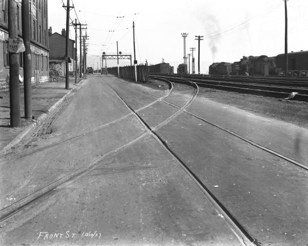 Historic photo of Front Street, now Riverside Drive near the entrance to the Montgomery Inn Boathouse