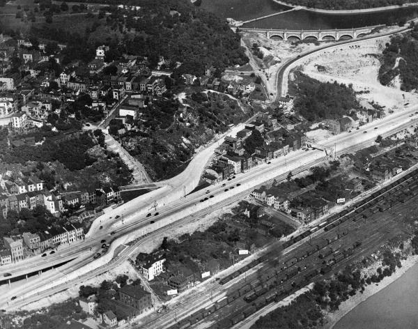 Historic aerial of Mt. Adams and Columbia Parkway shortly after completion of the parkway in the late 1930s or early 1940s