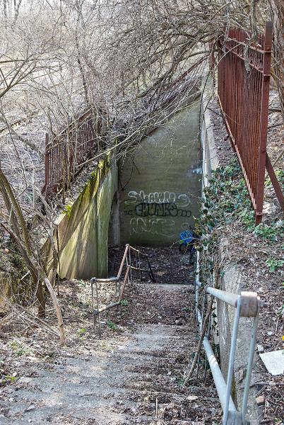 Stairs leading up from the abandoned pedestrian underpass of the Indiana & Ohio Oasis, former Pennsylvania/Little Miami Railroad in the East End