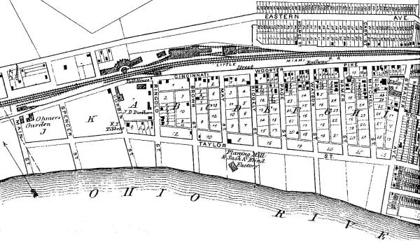 Historic map of the PRR/Little Miami shops and Pendleton Yard from 1869