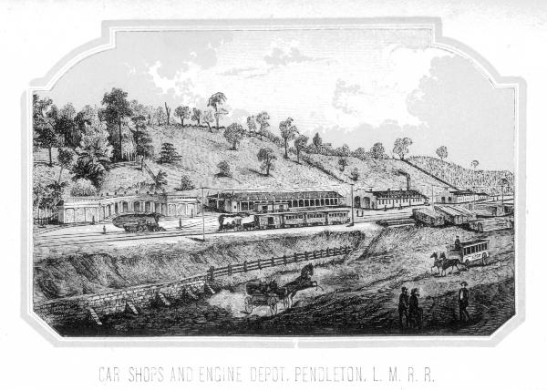 Historic woodcut of the Little Miami shops and depot in Pendleton