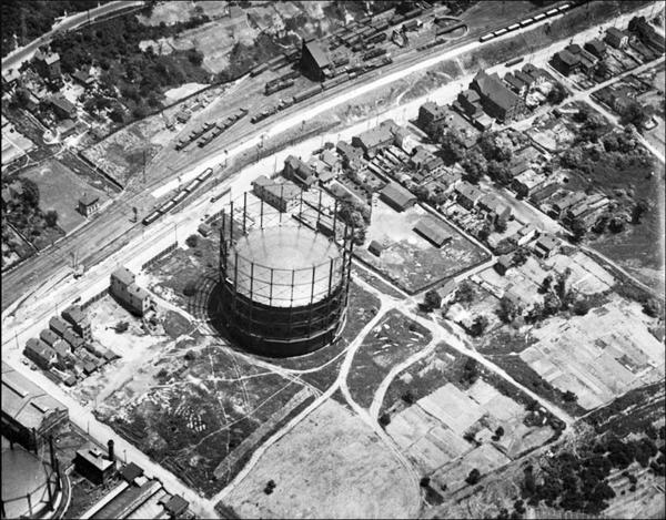 Historic aerial of the Pennsylvania/Little Miami Railroad's Pendleton Yard in the East End