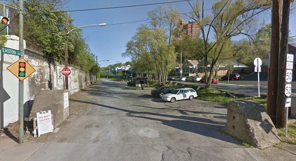 A 2012 view of the old granite block paved roadway between the Indiana & Ohio Oasis, former Pennsylvania/Little Miami Railroad line and Walworth Avenue in Columbia-Tusculum