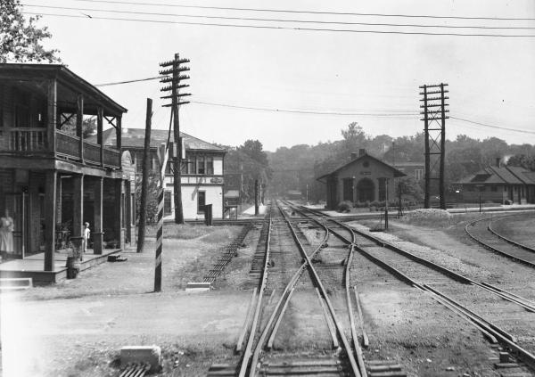 Historic photo of the Pennsylvania/Little Miami Railroad approaching the center of Loveland