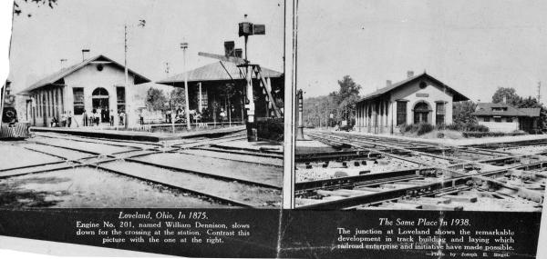 Two historic photos of Loveland's PRR and B&O stations