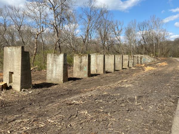 A more recent view of the railroad trestle piers along the trail north of Grandin Road and the Peters Cartridge Company in Kings Mills