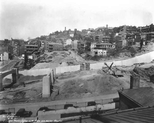 Historic construction photo of Columbia Parkway at the base of Mt. Adams