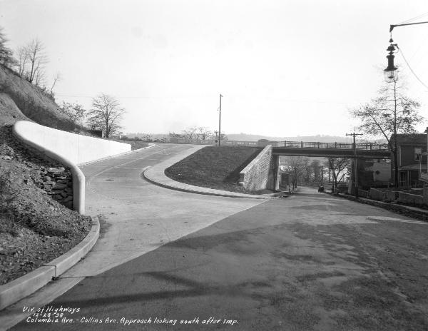 Historic photo of the finished Columbia Parkway bridge over Collins Avenue and its connecting ramp