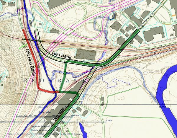 Map of the old Red Bank Road and Wooster Pike alignment