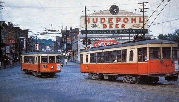 Historic photo of streetcars at Knowlton's Corner in Northside