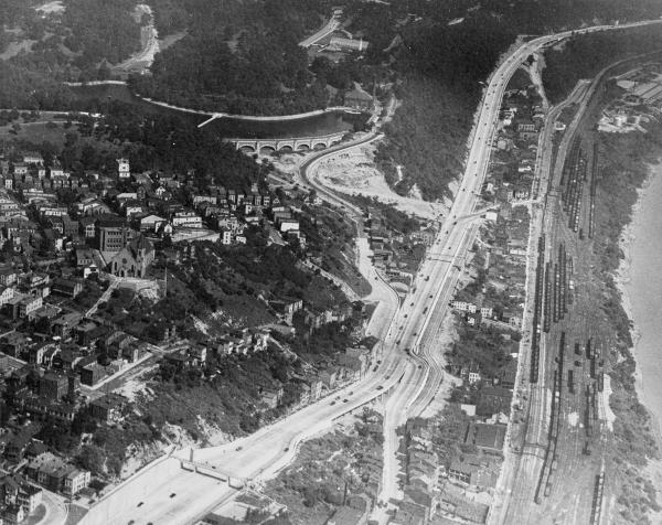 Historic aerial of Mt. Adams and Columbia Parkway shortly after completion of the parkway in the late 1930s or early 1940s