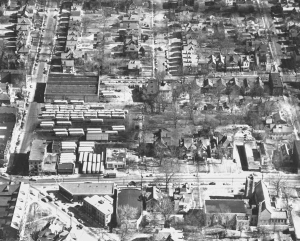 Historic aerial of the Hewitt Avenue carbarn location in Evanston