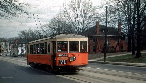 Historic photo of a former interurban car on Madison Road in East Walnut Hills