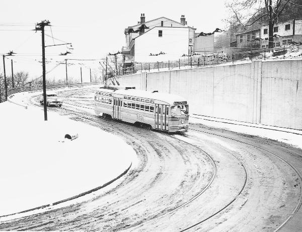 Historic photo of the streetcar turn at Glenway and Wilder in Lower Price Hill