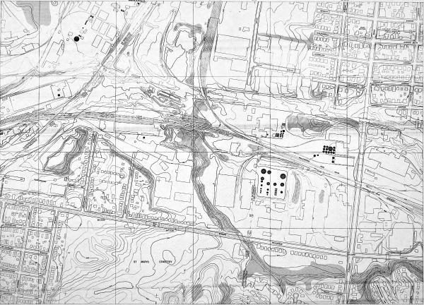 1948 USGS map showing the at-grade subway route in St. Bernard and Bond Hill