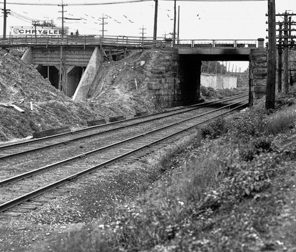 Historic photo of the rapid transit and B&O Midland underpasses at Montgomery Road in Norwood