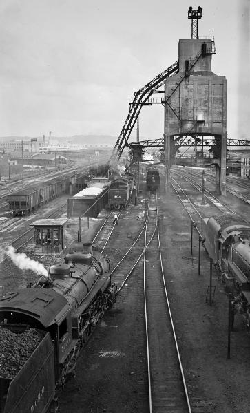 Historic photo of the coal loading dock in the large Queensgate Yards